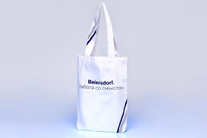 Промо сумка шоппер с логотипом и рисунком темно-синего цвета из белого оксфорда.