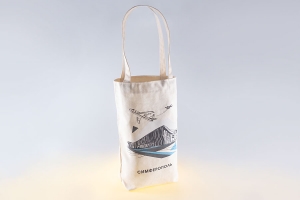 Белая промо сумка шоппер из суровой двунитки с рисунком черного и синего цветов.