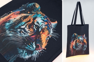 Стильная эко сумка шоппер классического кроя с длинными ручками для ношения на плече, материал изготовления  - черная саржа. На сумку нанесено полноцветное красочное изображение головы тигра.