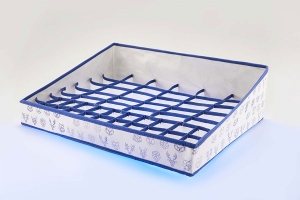 Органайзер для хранения вещей с делениями в гардеробную из белого спанбонда с окантовкой из синего спанбонда, на боковые стороны напечатан повторяющийся принт синего цвета шелкографией.
